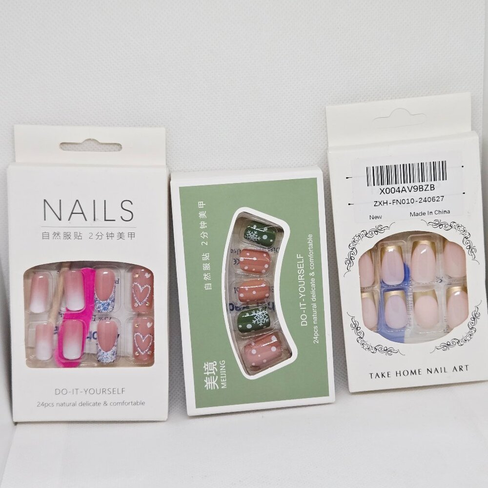 3 BOXES NATURAL PRESS ON NAILS FRENCH TIP, CHRISTMAS & PINK HEARTS NIB 72 TOTAL